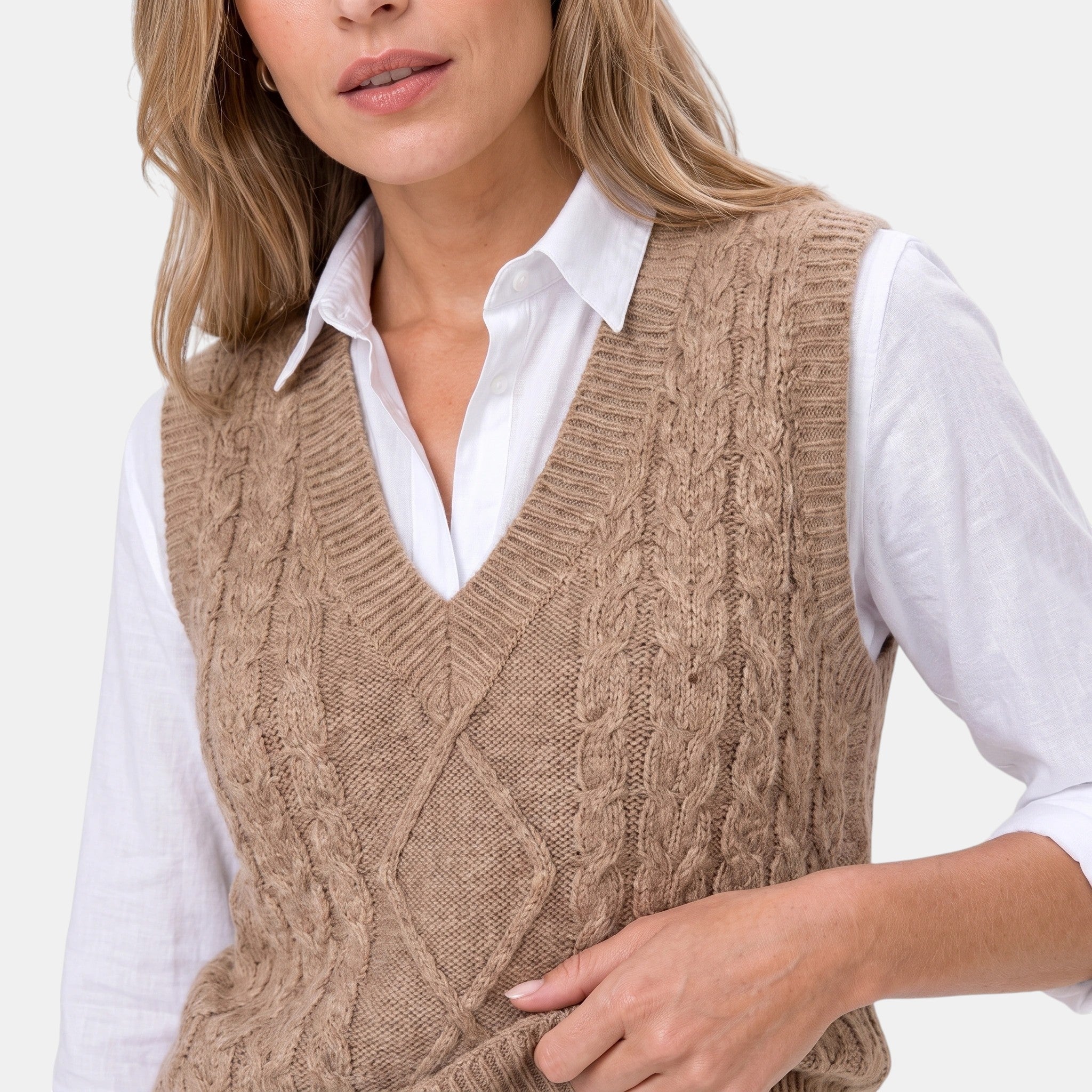 Women's Sweater Vest with V Neck and Cable Knit Design