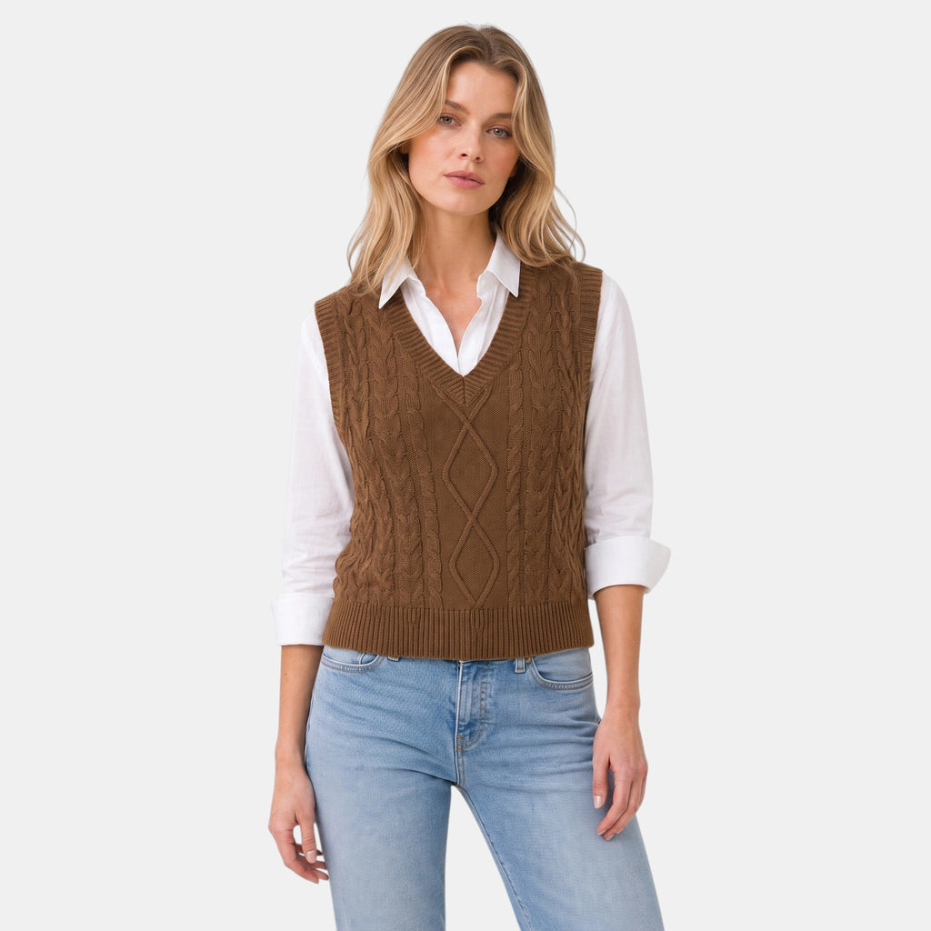 Women's Sweater Vest with V Neck and Cable Knit Design