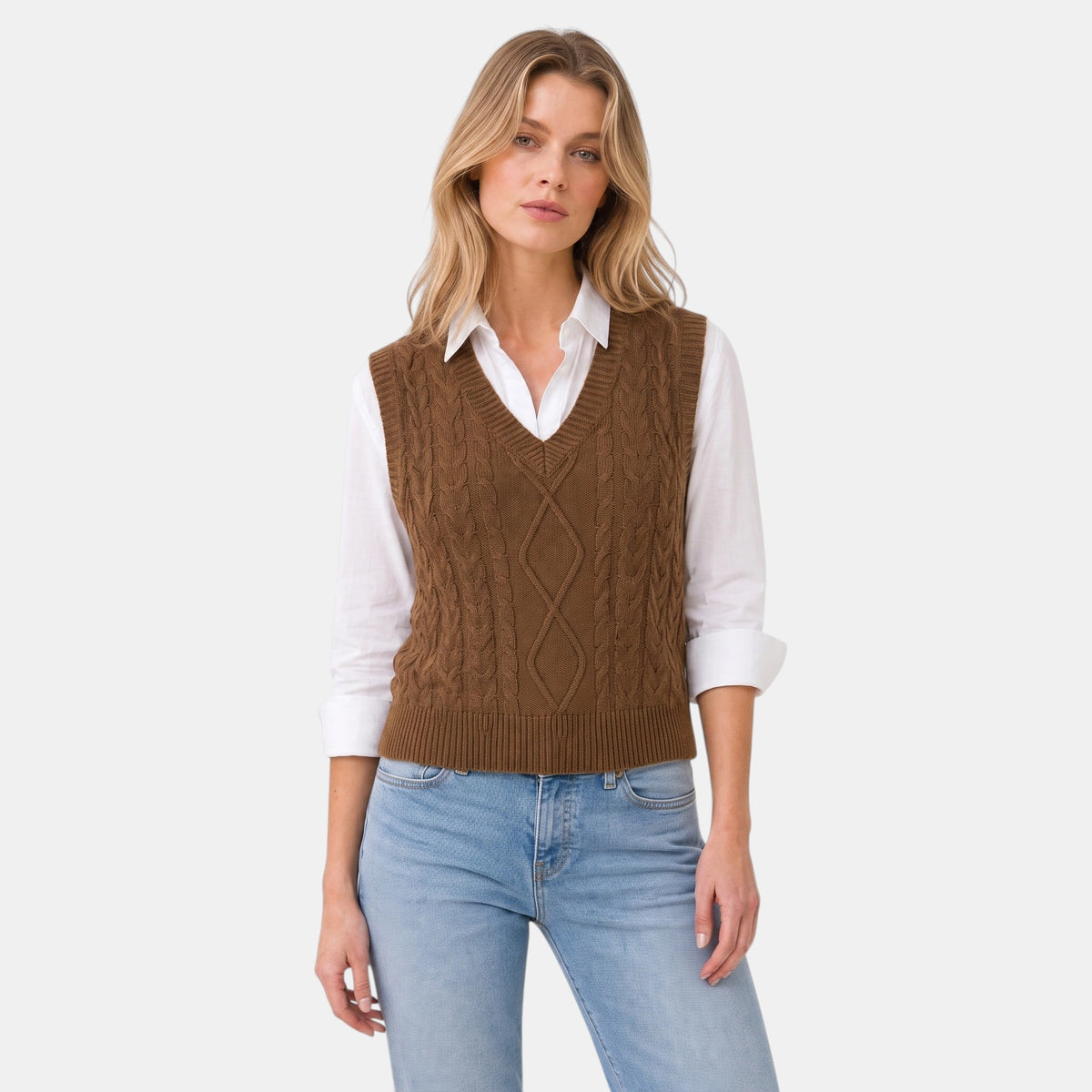 Women's Sweater Vest with V Neck and Cable Knit Design