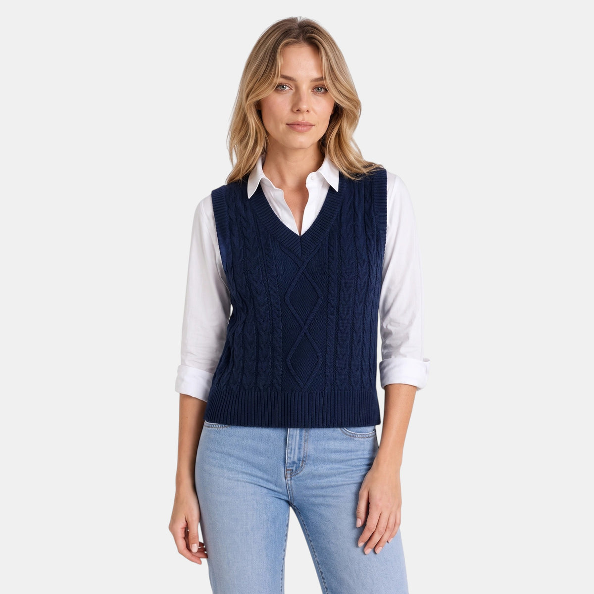 Women's Sweater Vest with V Neck and Cable Knit Design