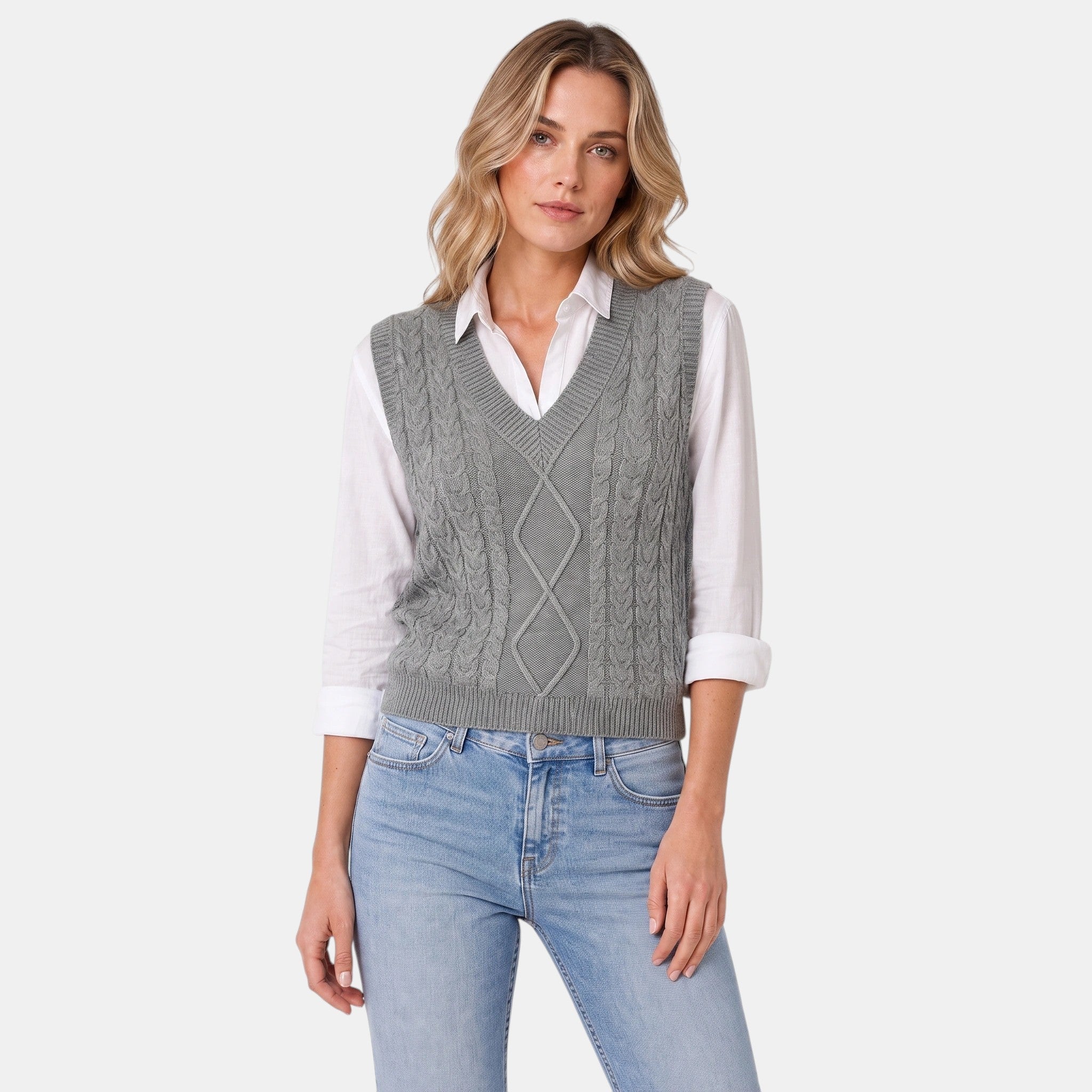 Women's Sweater Vest with V Neck and Cable Knit Design