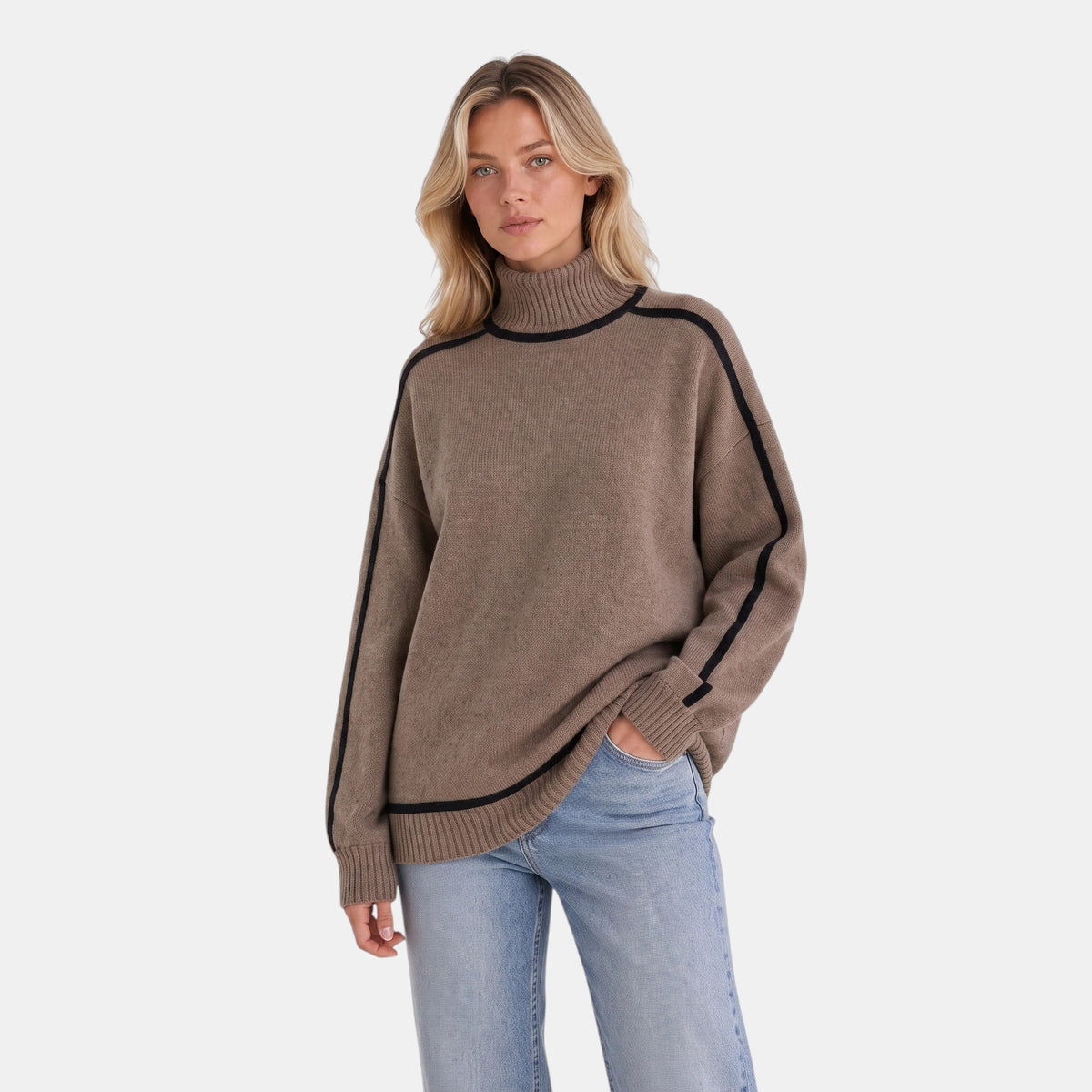 Women's Sweater with Roll Neck and Contrast Trim