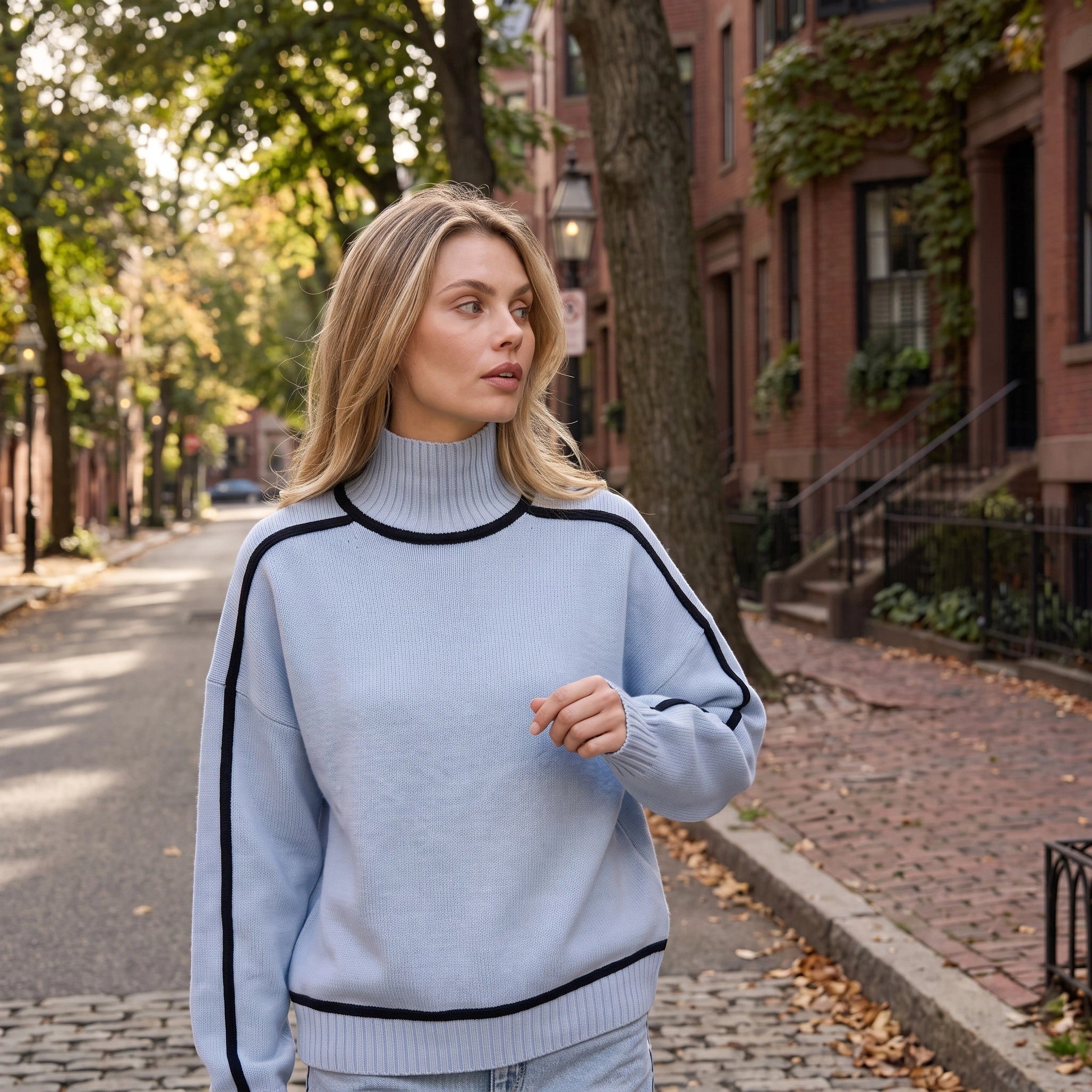Women's Sweater with Roll Neck and Contrast Trim