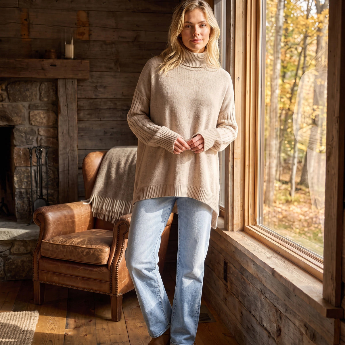 Women's Sweater with Roll Neck and Ribbed Sleeves