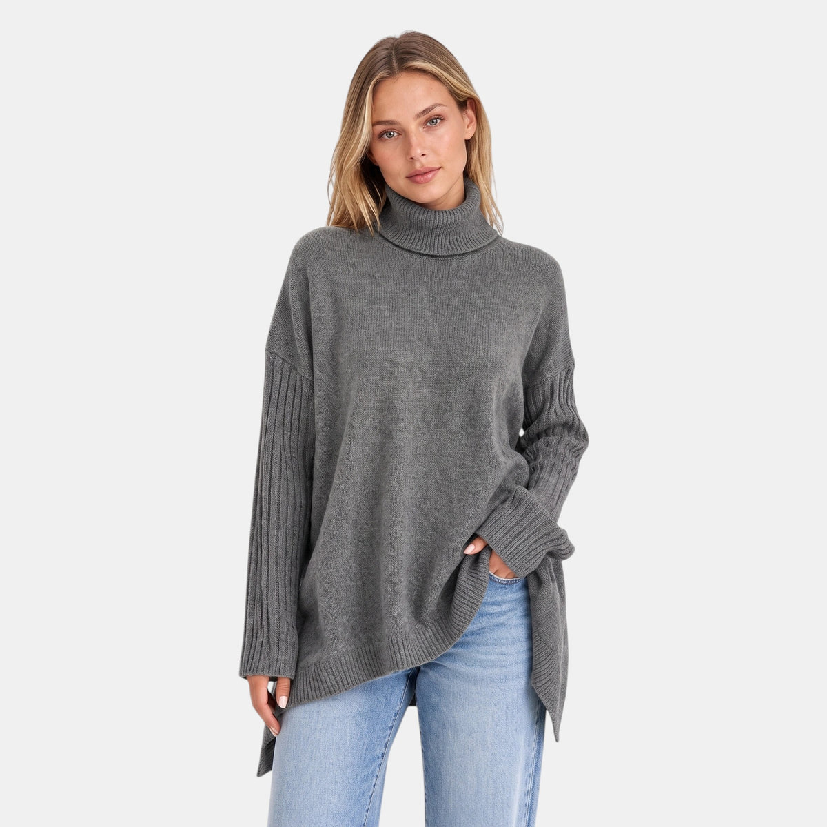 Women's Sweater with Roll Neck and Ribbed Sleeves