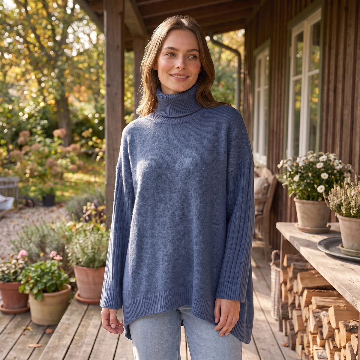 Women's Sweater with Roll Neck and Ribbed Sleeves
