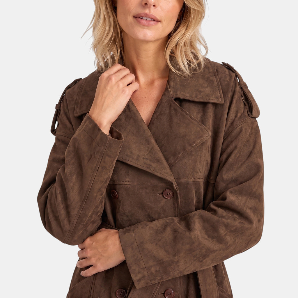 Women's Trench Coat with Double Breasted Front and Belted Waist