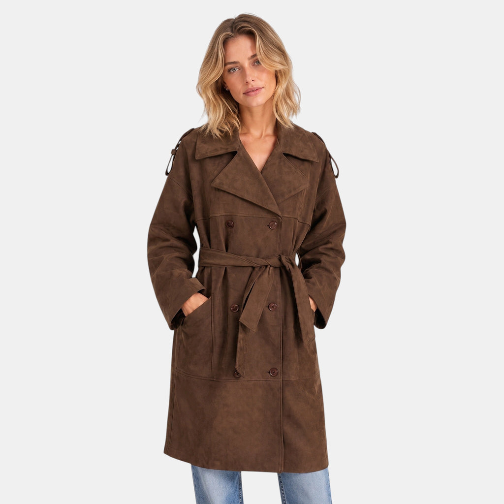 Women's Trench Coat with Double Breasted Front and Belted Waist