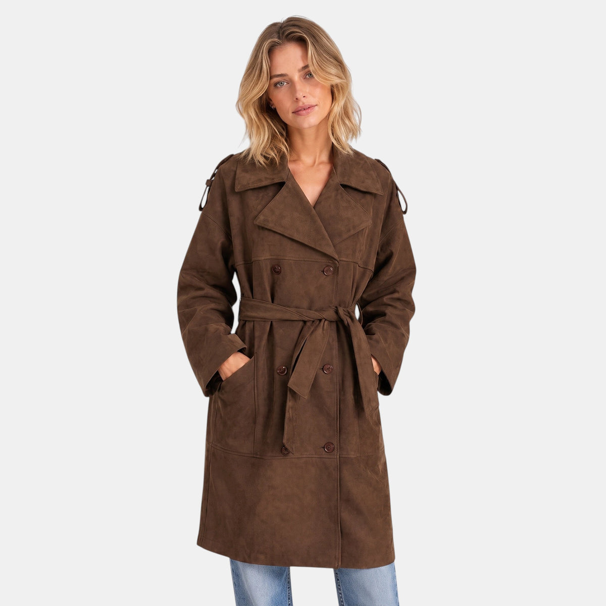 Women's Trench Coat with Double Breasted Front and Belted Waist