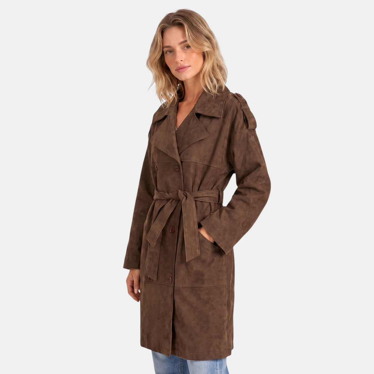 Women's Trench Coat with Double Breasted Front and Belted Waist